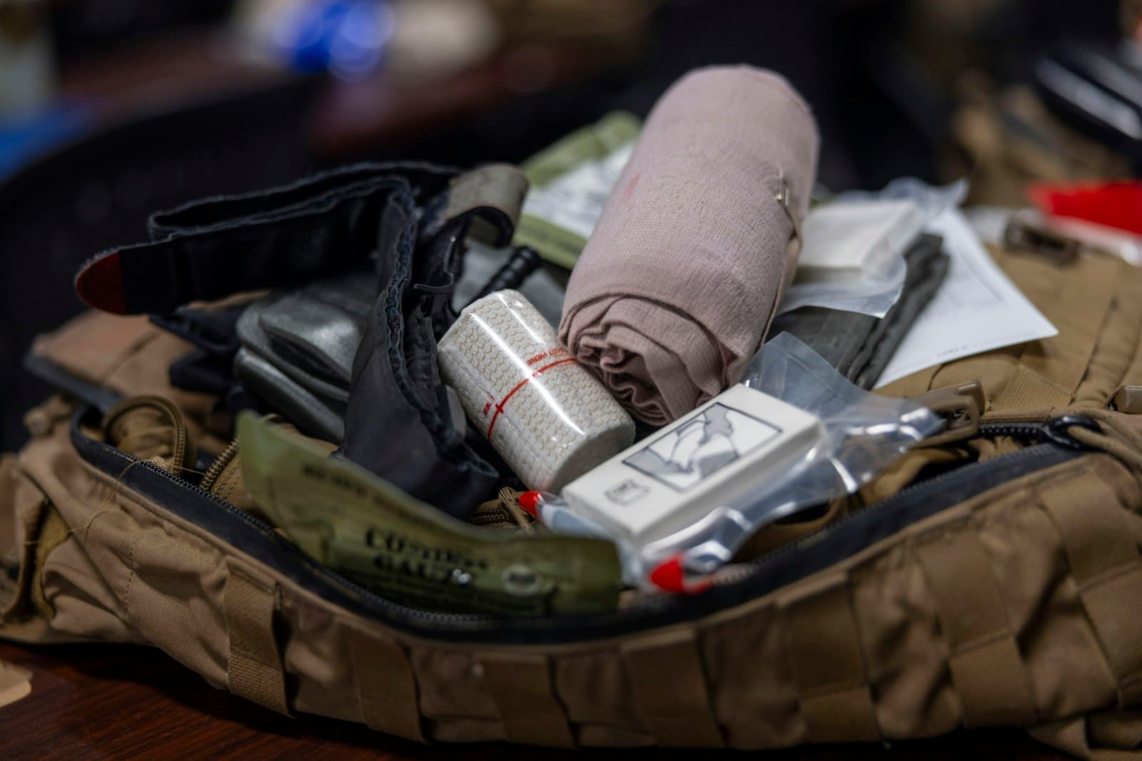 First aid equipment laid out for emergency response training